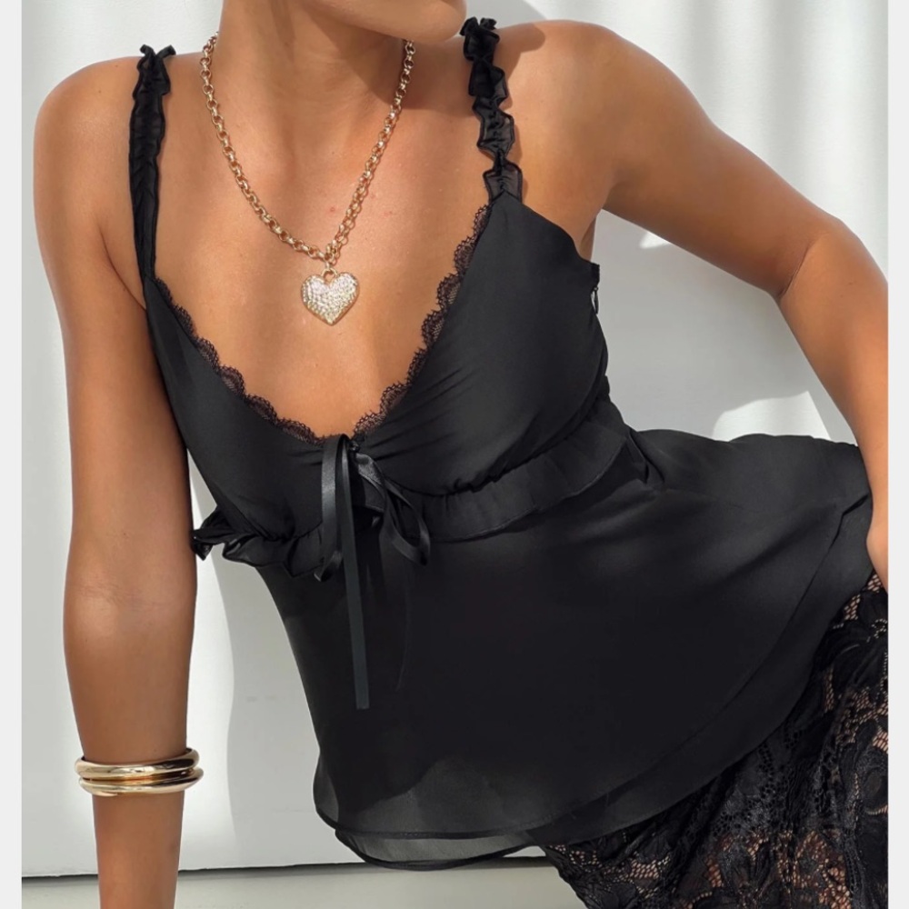 Princess Polly Black Satin Chemise with Lace Trim